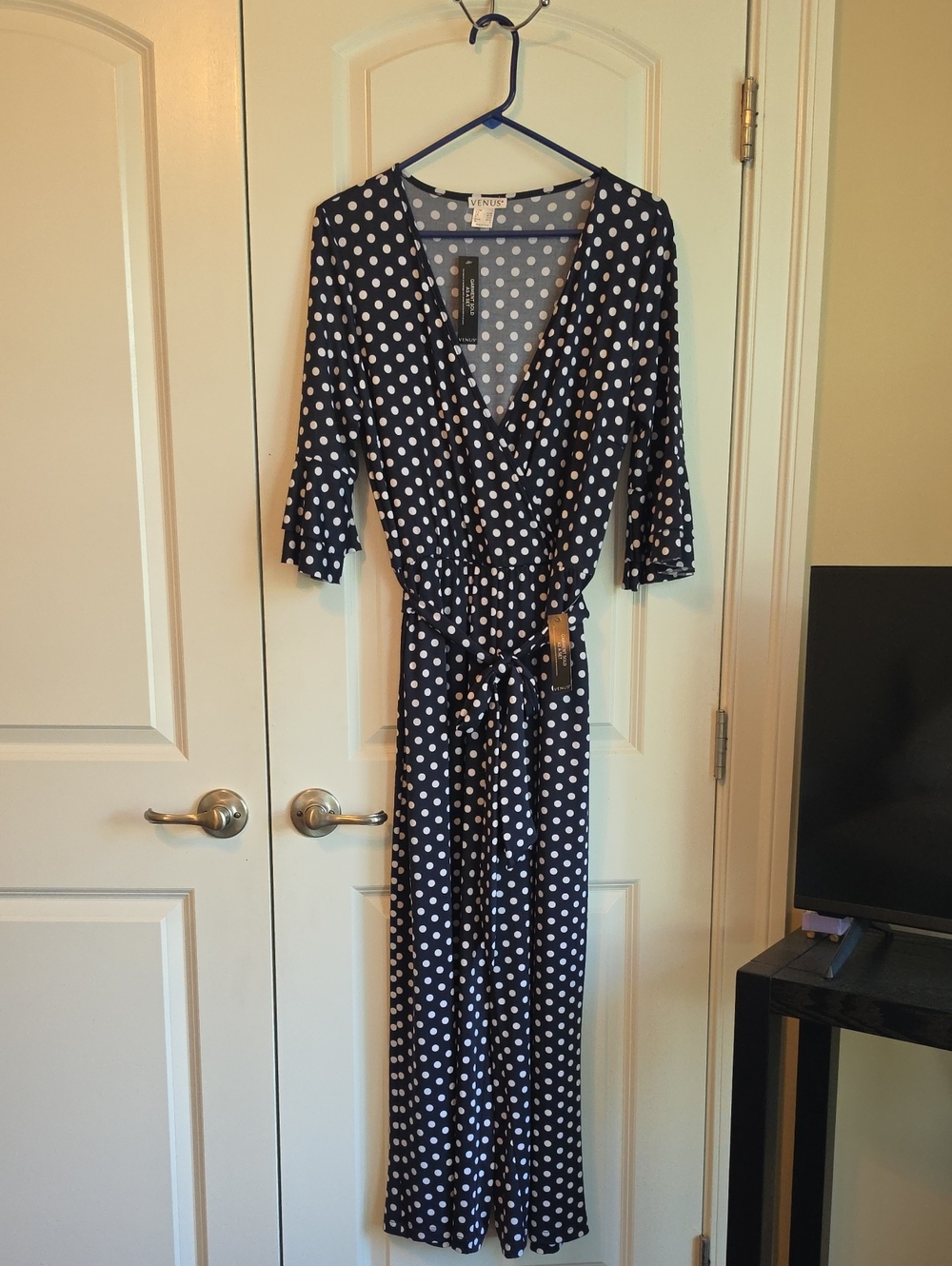 VENUS Navy and White Polka Dot Jumpsuit